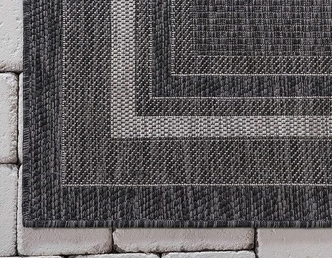 Unique Loom Outdoor Border Collection Area Rug - Soft Border (6' 1" x 9' Rectangle, Black/ Ivory)-VerdiqueGarden