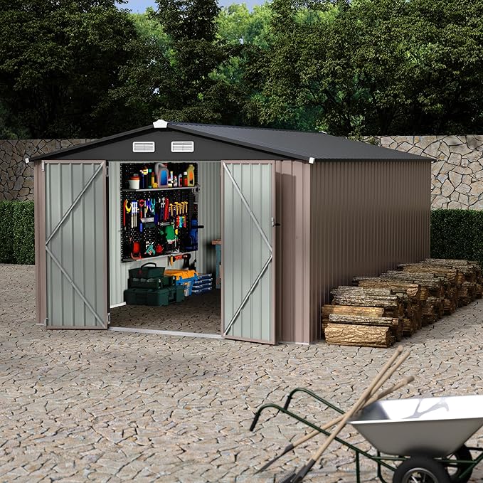 10x14 FT Metal Storage Sheds Outdoor, Metal Yard Sheds Garden Shed Kit, Metals Tool Shed with Lockable Door, Metals UtilityShed Buildings with Air Vent for Backyard Garden Patio Lawn-VerdiqueGarden