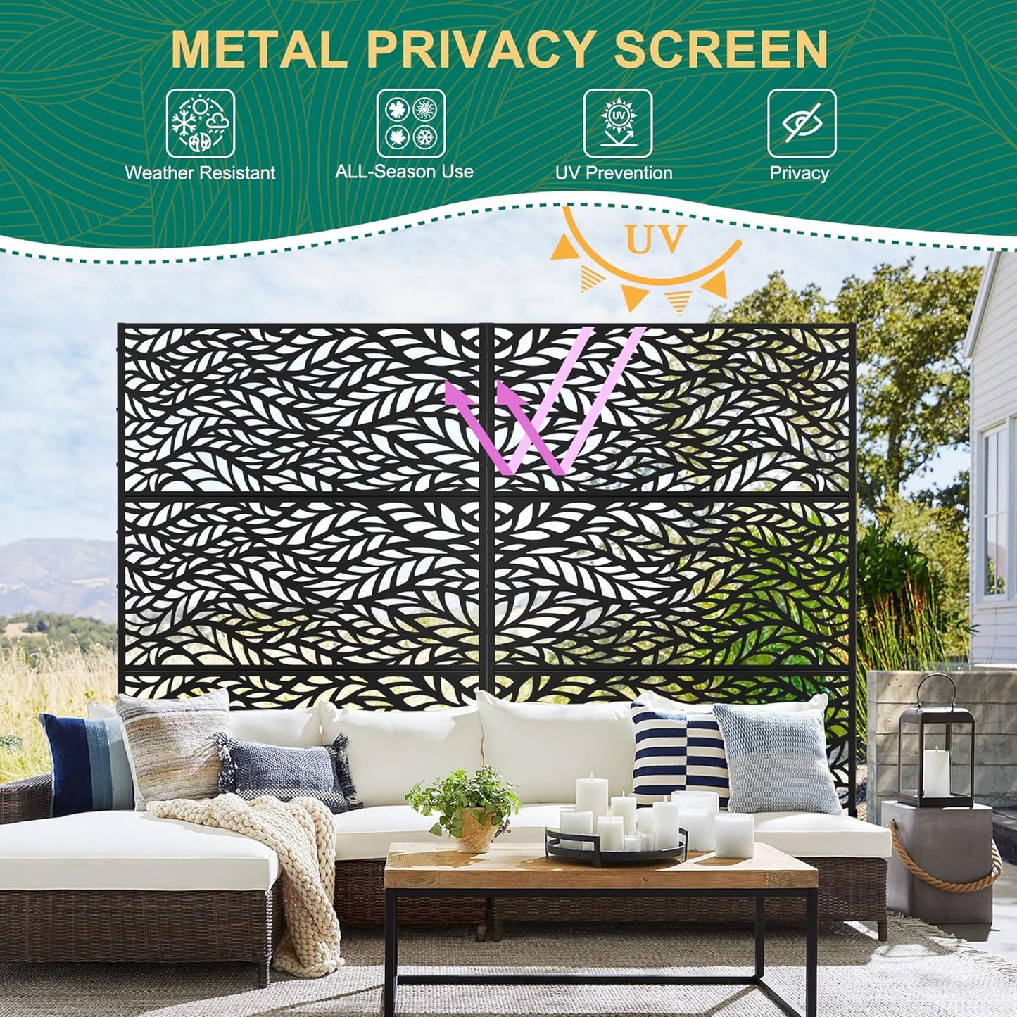 72" H47" W Metal Outdoor Privacy Screen - Freestanding, Decorative Fence (3 Panels)-VerdiqueGarden