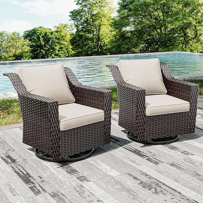 Joyside Swivel Patio Chairs Set of 2, Wicker Patio Furniture with Wide Armrest and Thick Cushions, Upgraded Large Size for Backyard, Garden, Poolside-VerdiqueGarden
