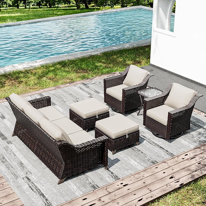 Joyside Wicker Patio Furniture Sets, 6 Pieces Upgraded Large Size Outdoor Furniture with Swivel Rocking Patio Chairs, Outdoor Ottoman, 3-Seat Sofa and Side Table, Thick Cushions, Wide Armrest-VerdiqueGarden