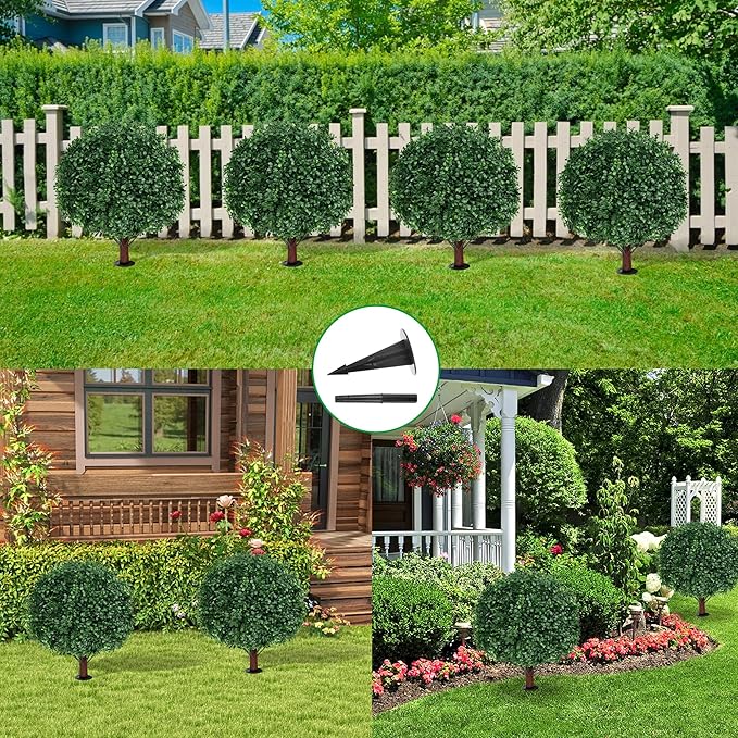 Artificial Boxwood Topiary Ball Tree with Ground Spike, Set of 2 Artificial Shrub Bushes, Fake Evergreen Tree for Porch, Artificial Plants for Outdoor Planters Indoor UV Resistant-VerdiqueGarden