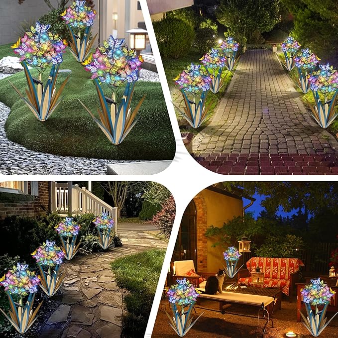 Homight Solar Metal Agave Butterfly Flower Stick Garden Sculpture Outdoor Gift Solar Garden Christmas Lights Swaying Butterfly Sunflower Garden Lights Solar Outdoor (3 PCS Blue)-VerdiqueGarden