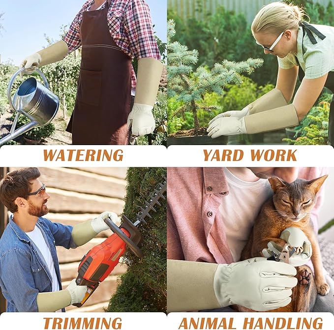 HANDLANDY Pruning Gloves Long for Men & Women, Pigskin Leather Rose Gardening Gloves- Breathable & Durability Gauntlet Glove (Small, Beige)-VerdiqueGarden