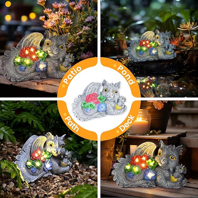 GIGALUMI Solar Garden Statues Dragon Statue Figurine Lights for Outside, Garden Decor Yard Decorations Outdoor for Mom, Women Housewarming Birthday Gifts-VerdiqueGarden