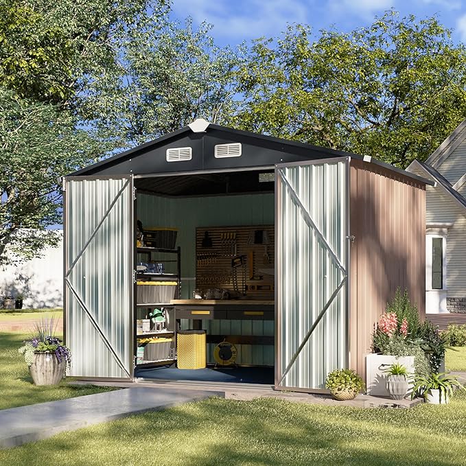 Aoxun 7x5 FT Outdoor Storage Shed with Floor Garden Metal Shed with Lockable Door Outdoor Large Shed for Tool, Garbage Can, Bike, Mower, Brown-VerdiqueGarden