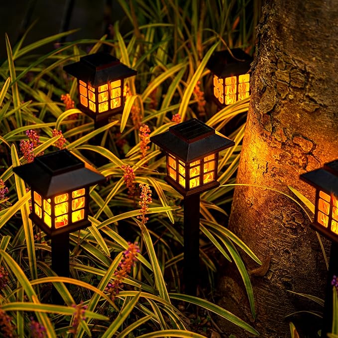 GIGALUMI Solar Lights for Outside,12 Pack Flickering Flame LED Solar Outdoor Lights, Waterproof Solar Garden Lights Maintain 10 Hours of Lighting for Christmas, Garden, Landscape, Path, Yard, Patio-VerdiqueGarden