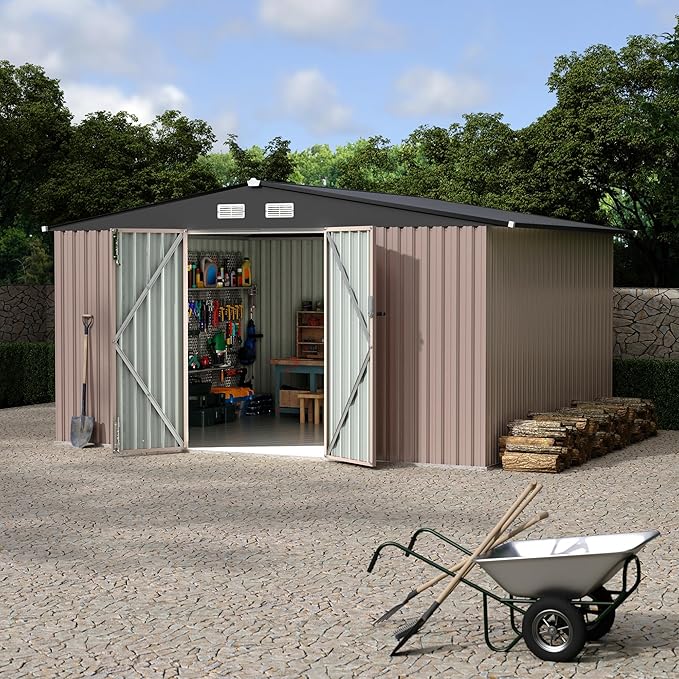 10x12 FT Metal Storage Sheds Outdoor with Floor, Metal Yard Sheds Garden Shed Kit, MetalTool Shed with Lockable Door, Metals UtilitySheds Buildings with Air Vent for Backyard Garden Patio Lawn-VerdiqueGarden