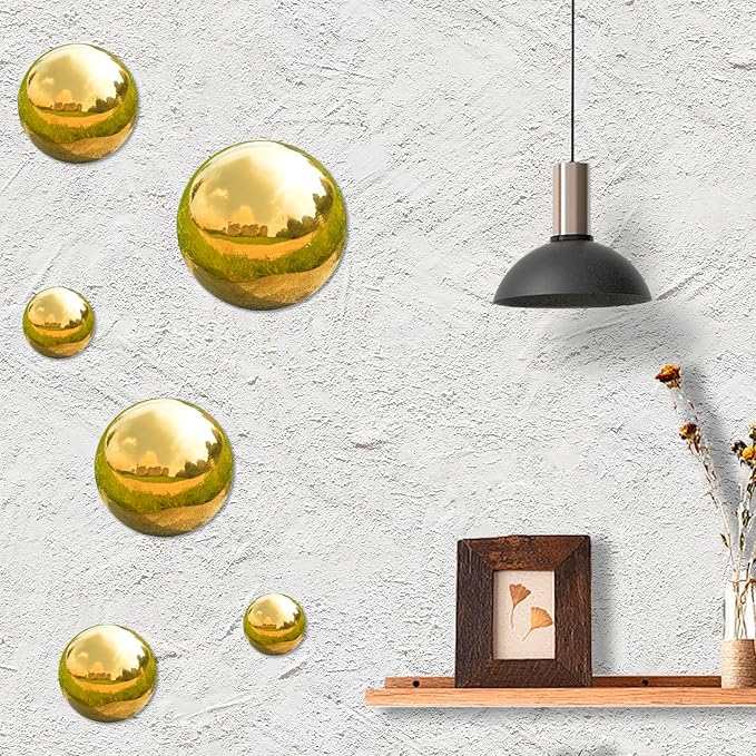 Nerien Gazing Ball, Stainless Steel Garden Mirror Globe, Polished Ornament Sphere, Hollow Floating Reflective Hemisphere, for Home Outdoor Pond Housewarming Swimming Pool Decoration, Gold, 6Pcs Mix-VerdiqueGarden