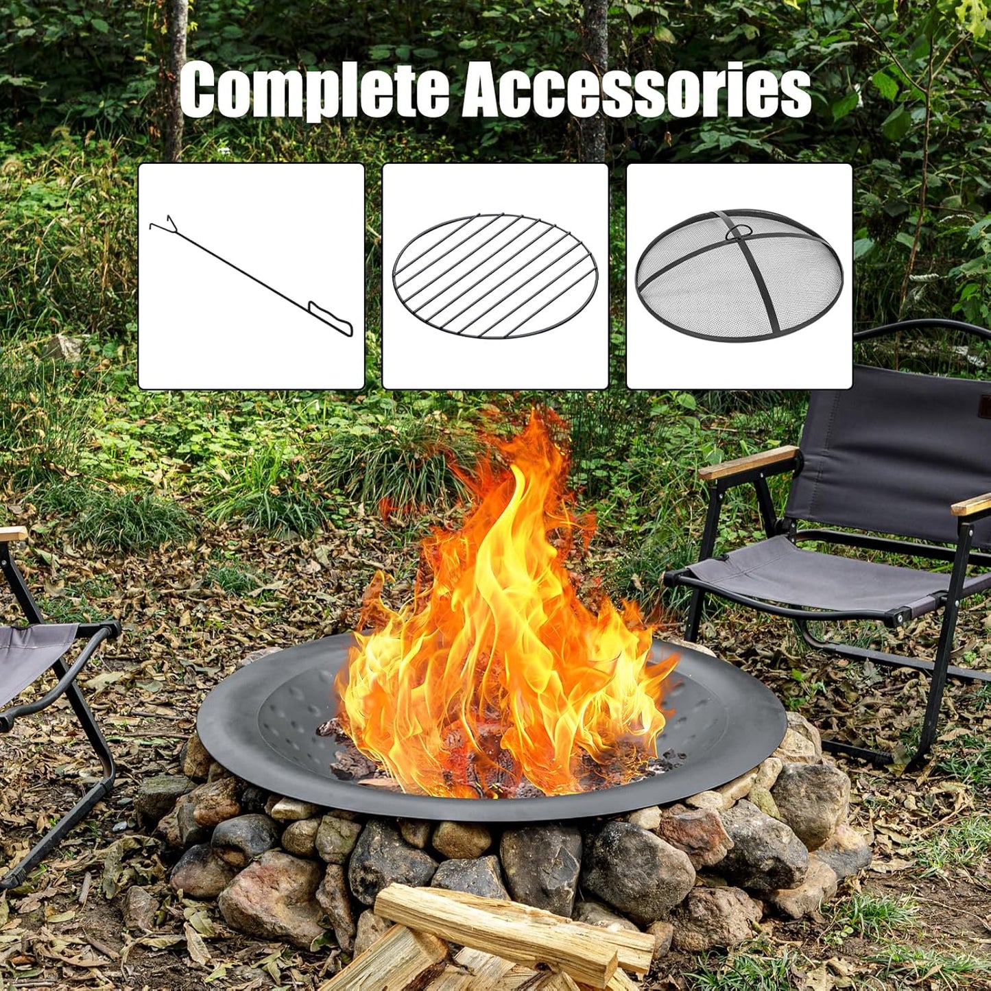 35 inch Steel Fire Bowl for DIY or Replacement Existing Fire Pits, Wood Burning Fire Pit Bowl with Spark Screen &Fire Poker, Fireplace for Backyard, Porch, Deck, Camping, BBQ (Circle Dot)-VerdiqueGarden