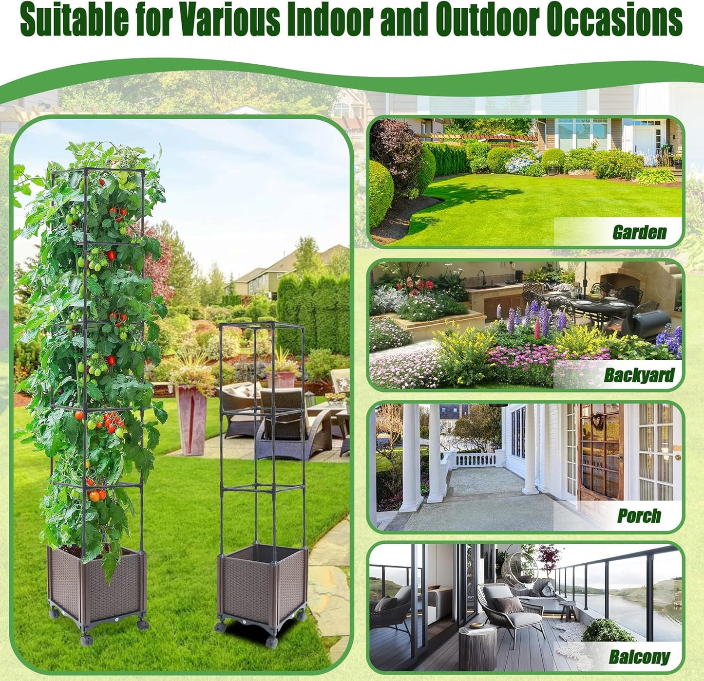 Raised Garden Bed Planter Box with Trellis, 62.2" Self-Watering Tomato Planters for Climbing Plants Vine Flowers Outdoor Patio, Tomatoes Cage with Trellis Wheels for Outdoor, 1Pack-VerdiqueGarden