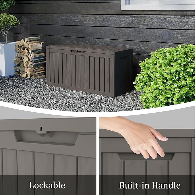 90 Gallon Lockable Resin Deck Box with Wheels, Waterproof & UV-Resistant Outdoor Storage Box for Outdoor Cushion Storage, Garden Tools & Pool Accessories Storage, Gray-VerdiqueGarden