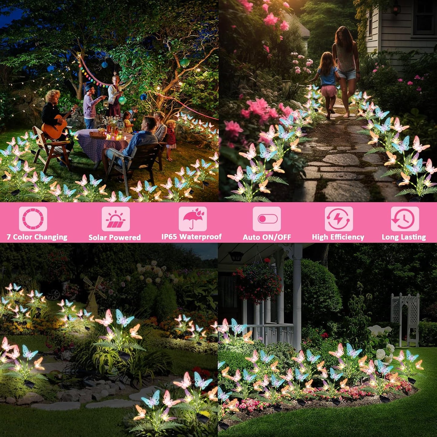 Solar Lights Outdoor Decorations Waterproof Newest Solar Garden Lights with Glowing Stems, 7-Color Changing Butterfly Flower Light for Outside Yard Pathway Garden Decor, Gift for Mother,2Pack-VerdiqueGarden