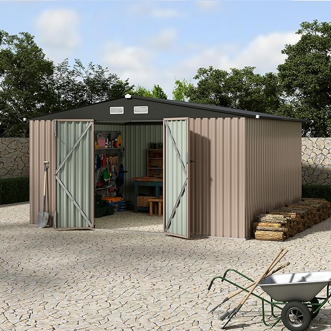 10x12 FT Metal Storage Sheds Outdoor, Metal Yard Sheds Garden Shed Kit, Tool Shed with Lockable Door, Utility Sheds Buildings with Air Vent for Backyard Garden Patio Lawn-VerdiqueGarden