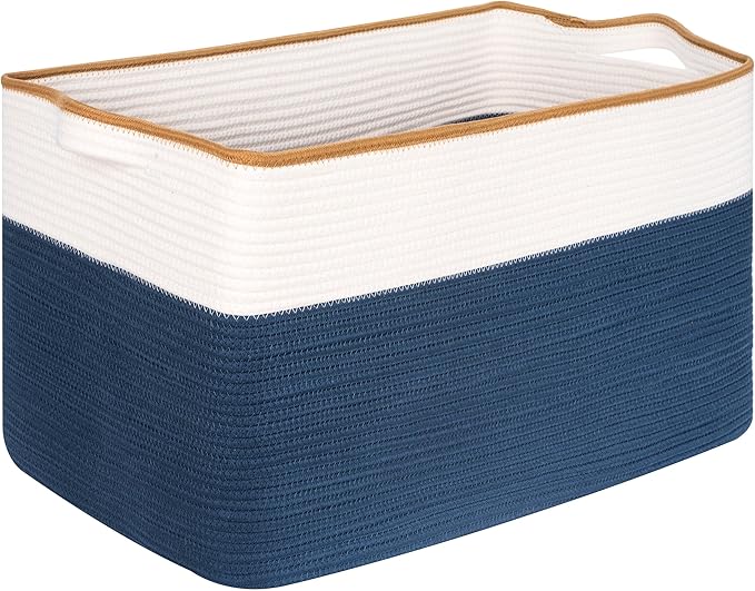 MINTWOOD Design 22in Extra Large Blanket Basket Holder Living Room, Rectangle Rope Woven Storage Basket with Handles for Laundry, Pool Towels, and Shoes, Dog Toy Organizer Bin Box, Prussian Blue-VerdiqueGarden