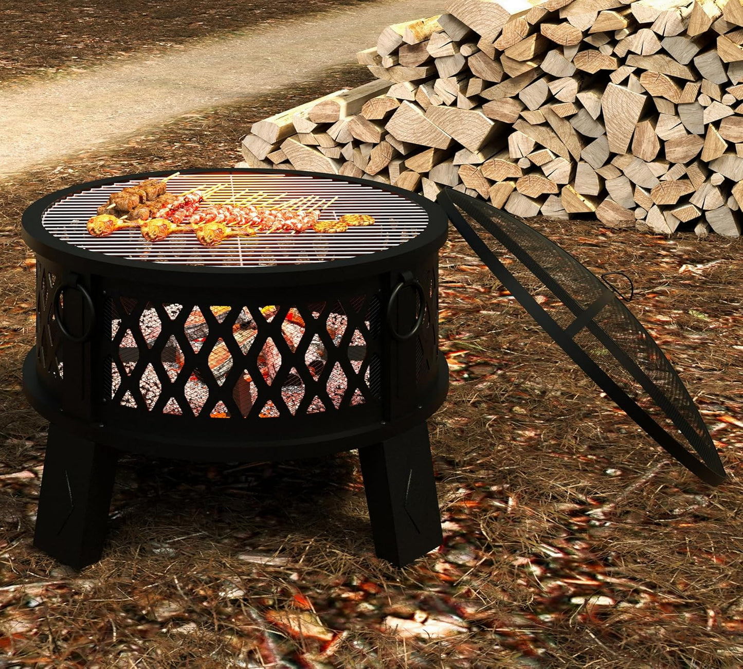 Fire Beauty 26" Steel Fire Pit with Grill & Diamond Mesh Design,360° Airflow Tech for 80% Less Smoke,XL Flames,Heavy-Duty Portable Outdoor Fire Bowl for Camping, Backyard, Beach (22lbs, 4 Handles)-VerdiqueGarden