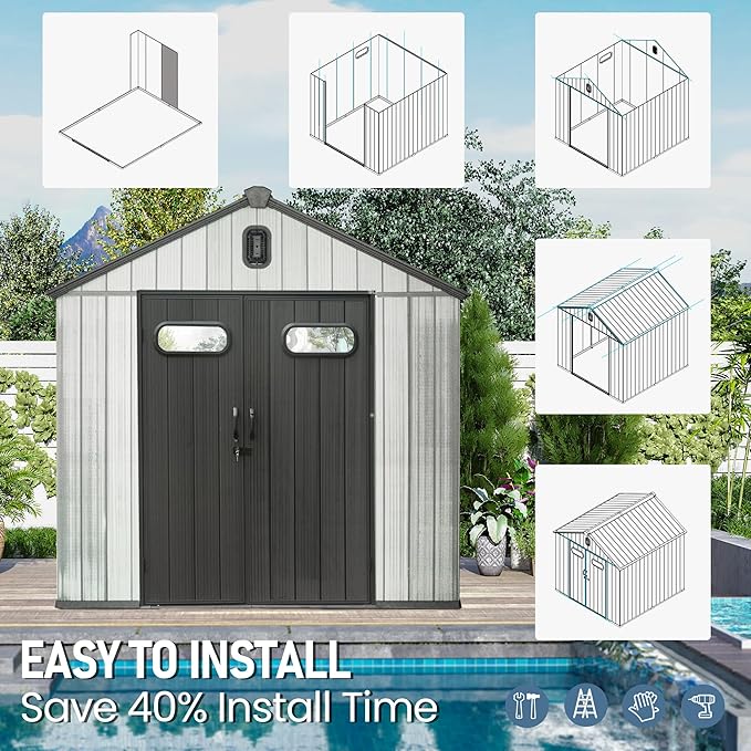 Domi 8x8 FT Outdoor Resin Storage Shed, All-Weather Double-Wall Storage Building for Backyard, Garden, Lawn Tools, Mower, Bike & Pool Equipment, Lockable Doors, Ventilated Roof, Grey-VerdiqueGarden