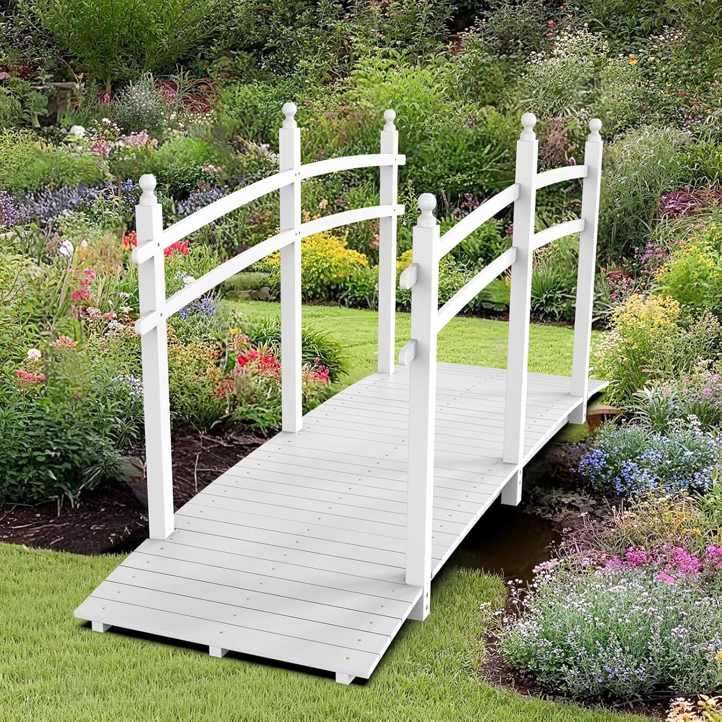 VINGLI Garden Bridge, Classic Wooden Arch with Safety Rails Footbridge (White, 7.5 ft)-VerdiqueGarden