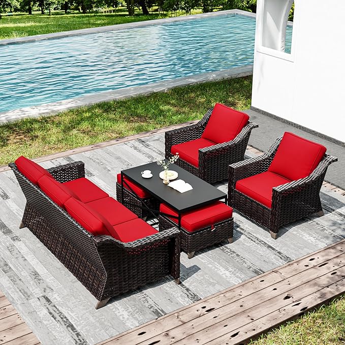Joyside Wicker Patio Furniture Sets, 6 Pieces Upgraded Large Size Outdoor Furniture with Patio Dining Chairs, 3-Seat Sofa and Outdoor Ottoman, Thick Cushions, Wide Armrest-VerdiqueGarden