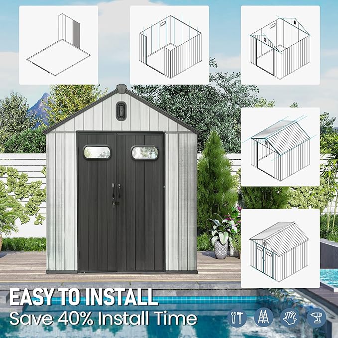 Domi 6x6 FT Outdoor Resin Storage Shed, All-Weather Double-Wall Storage Building for Backyard, Garden, Lawn Tools, Mower, Bike & Pool Equipment, Lockable Doors, Ventilated Roof, Grey-VerdiqueGarden