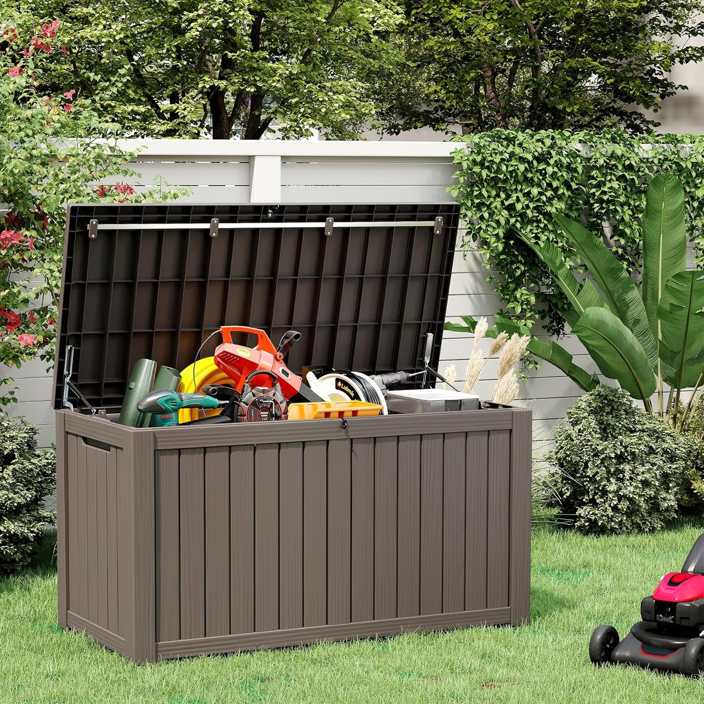 150 Gallon Resin Deck Box, Large Indoor and Outdoor Storage Box, Weatherproof and UV Resistant Outdoor Storage Box with Built-in Steel Beams for Patio, Cushions, Pool Supplies-VerdiqueGarden