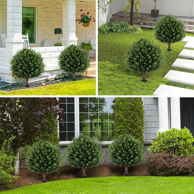 Artificial Cedar Topiary Ball Tree 23" with Ground Spike, Set of 2 Artificial Boxwood Bushes for Faux Shrubs, Fake Evergreen Faux Plant for Indoor Outdoor Porch Garden- UV Resistant – Fade-Proof-VerdiqueGarden
