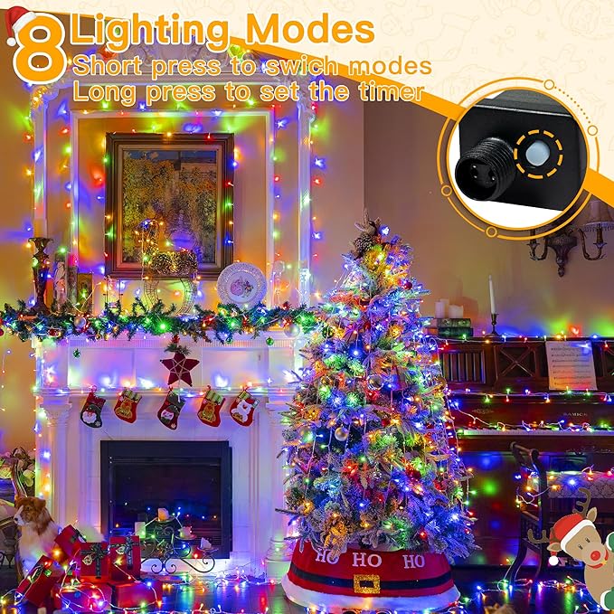 Ollny Christmas Lights Outdoor 200LED 60FT, Multicolor Connectable Plug in Fairy Light Indoor, 8 Modes Waterproof Timer Plug in LED String Lights for House Outside Bedroom Patio Balcony-VerdiqueGarden