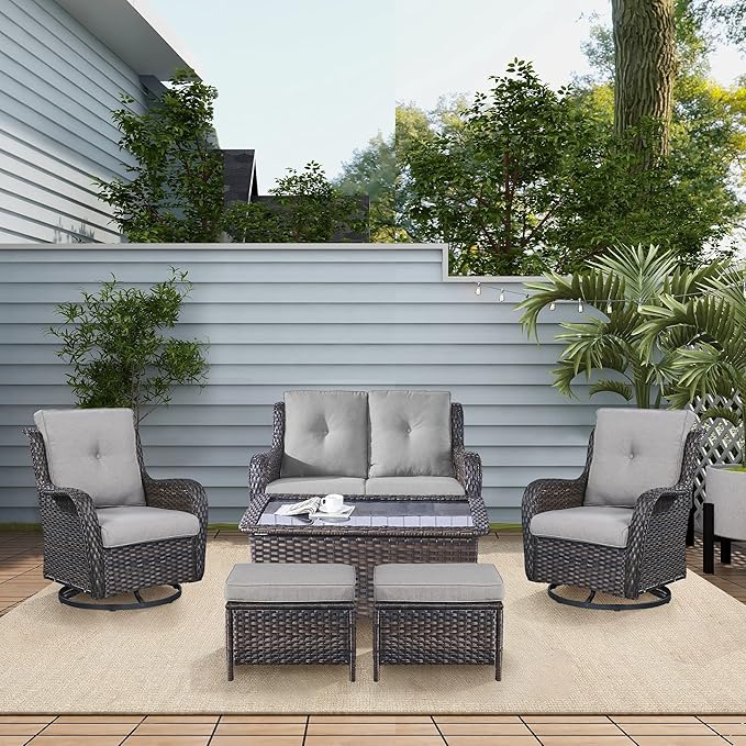 Wicker Outdoor Furniture Patio Furniture Set - 6 Piece Patio Conversation Set with Swivel Rocker Chairs, Loveseat Sofa, Ottomans and Coffee Table, Gray Cushion-VerdiqueGarden