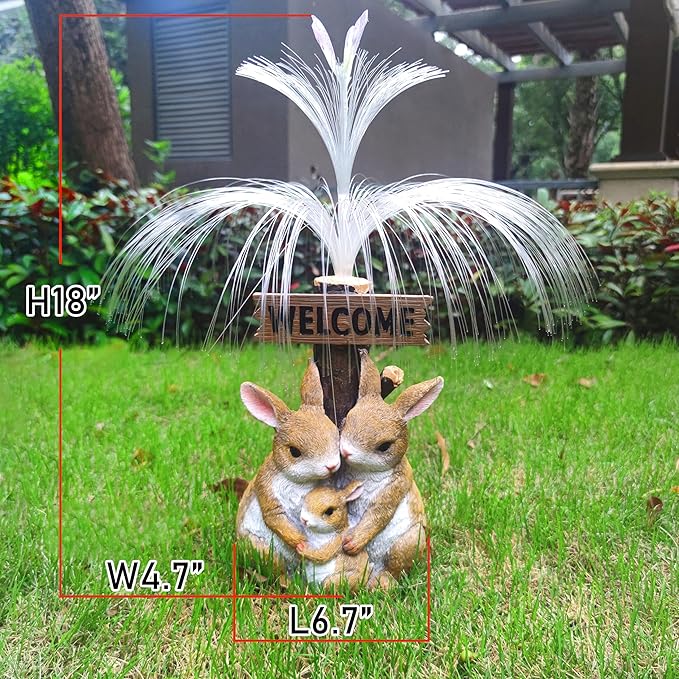 Solar Rabbit Garden Statues,Resin Rabbit Family Figurine with Welcome Card and 7-Color Changing Optical Fiber with Solar Lights, Lawn Decor Outdoor Statue for Patio,Balcony,Yard,Lawn-VerdiqueGarden