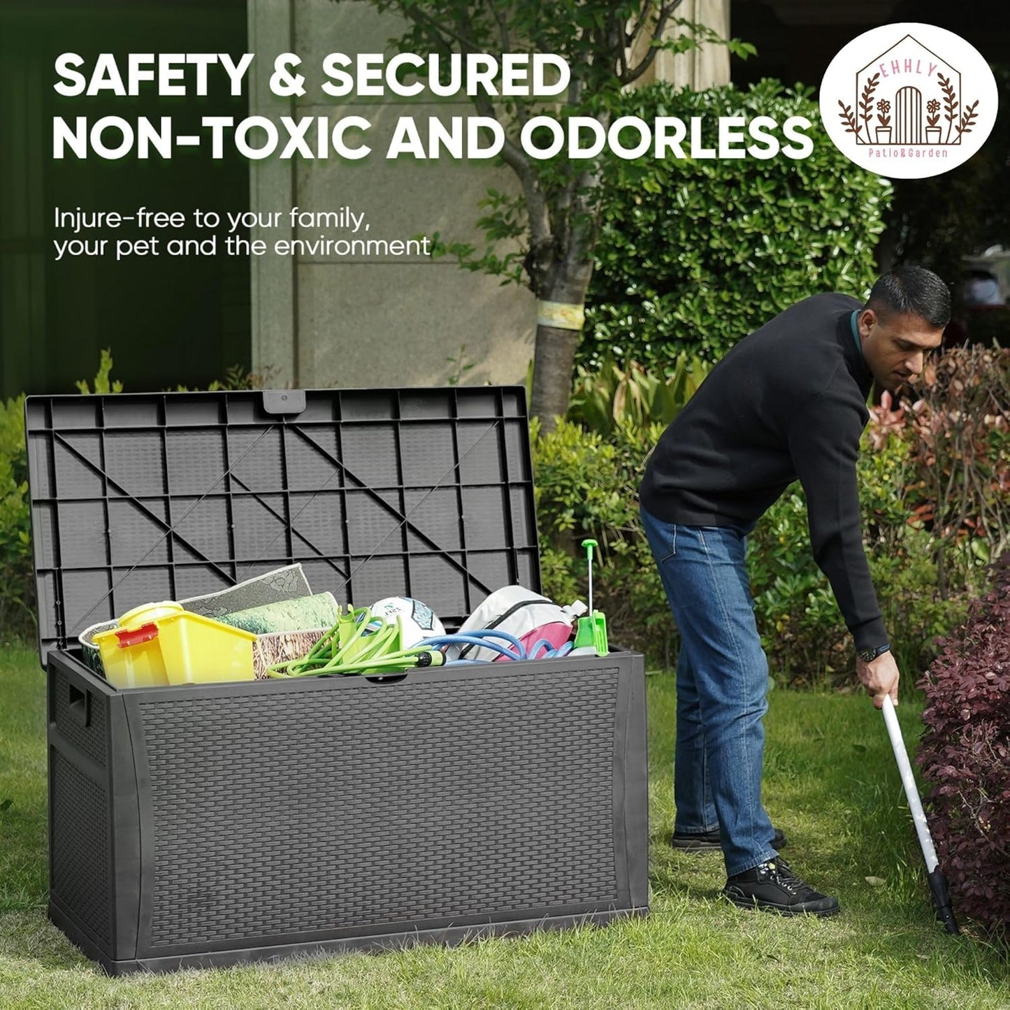 121 Gallon Outdoor Storage Box Large, Lockable Outside Storage Containers Waterproof Patio Cushions Deck Boxes, Rattan Plastic Garden Hose Boxes Resin Pool Storage Bins, Grey-VerdiqueGarden