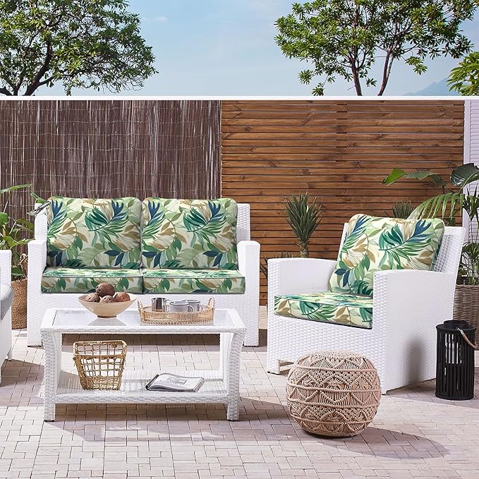 LVTXIII Outdoor Deep Seat Cushion Patio Seat and Back Cushion Set Seasonal Chair Cushion for Dining Arm Chairs, Wicker Chairs and Garden Furniture Decoration, 24"x24"x4", Lush Leaf Green-VerdiqueGarden