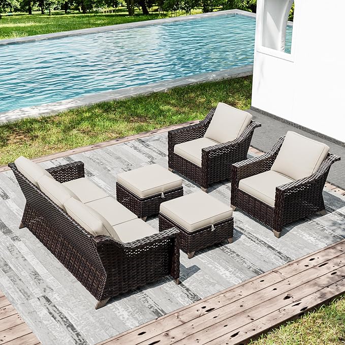 Joyside Wicker Patio Furniture Sets, 5 Pieces Upgraded Large Size Outdoor Furniture with Patio Dining Chairs, 3-Seat Sofa and Outdoor Ottoman, Thick Cushions, Wide Armrest-VerdiqueGarden