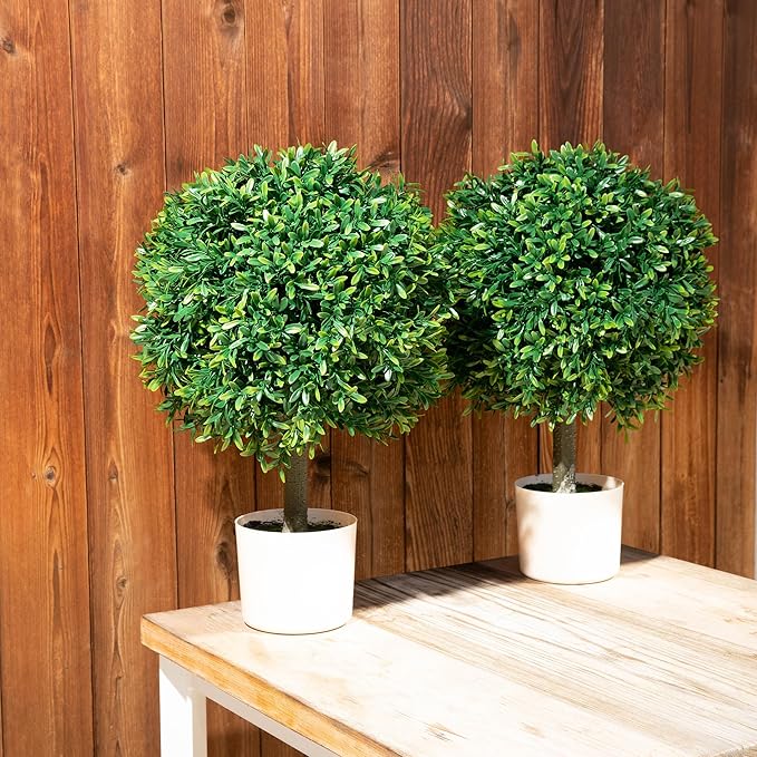 Premium 16" Diameter Artificial Japanese Boxwood Topiary – Set of 2 Faux Plants in Beige Decorative Planters – Realistic, UV-Resistant, Weatherproof Outdoor & Indoor Décor-VerdiqueGarden