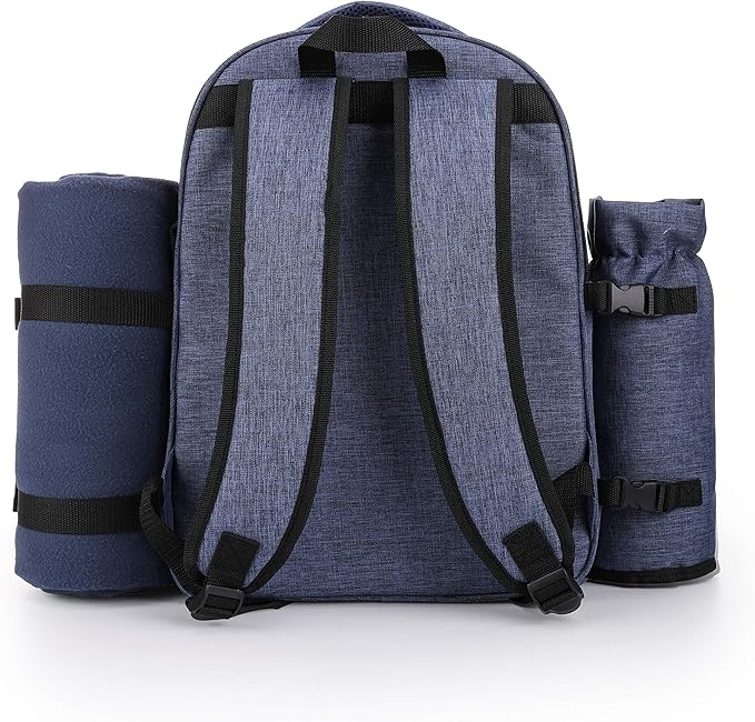 Apollo Walker Picnic Backpack Bag for 2 Person with Cooler Compartment, Detachable Bottle/Wine Holder, Fleece Blanket, Plates and Cutlery Set (2 Person, Navy)-VerdiqueGarden