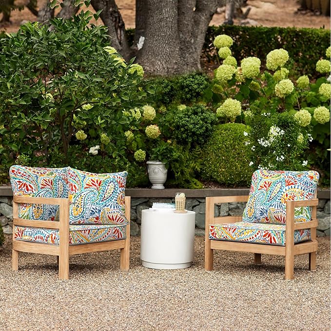 LVTXIII Outdoor Deep Seat Cushion 24"x24"x4" Patio Seat and Back Cushion Set Seasonal Chair Cushion for Dining Arm Chairs, Wicker Chairs and Garden Furniture Decoration, Paisley Multi-VerdiqueGarden