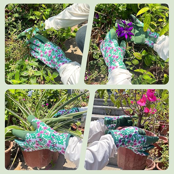 Gardening Gloves for Women, Garden Gloves with Touch Screen, Thorn Proof Puncture Resistant Working Gloves, Gardening Gifts for Women (Green with purple flowers, Medium)-VerdiqueGarden