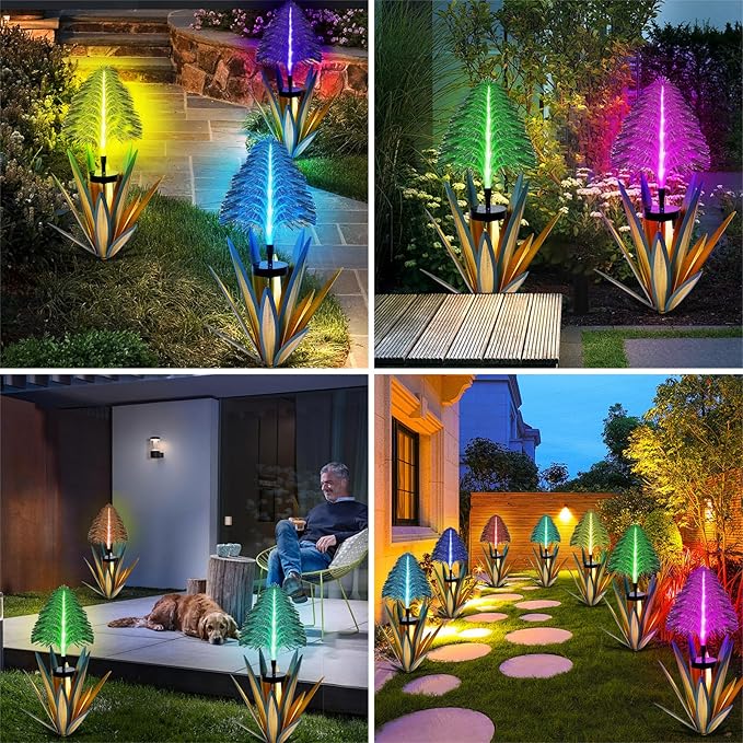 Homight Metal Outdoor Decoration Gift Christmas Decorations Outdoor Metal Agave Yard Art Garden Lights Solar Outdoor, 7 Color Changing Garden Yard Pathway Xmas Decor Waterproof (2 pcs Blue)-VerdiqueGarden