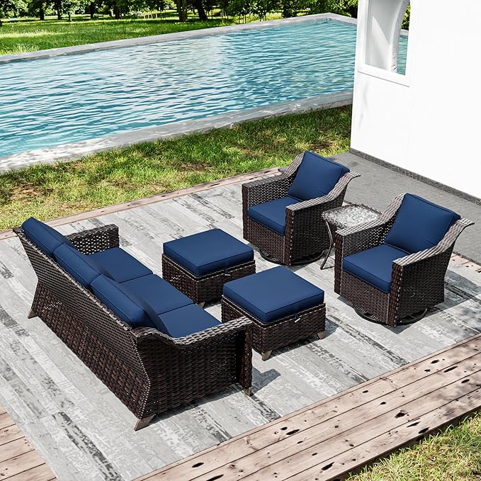 Joyside Wicker Patio Furniture Sets, 6 Pieces Upgraded Large Size Outdoor Furniture with Swivel Rocking Patio Chairs, Outdoor Ottoman, 3-Seat Sofa and Side Table, Thick Cushions, Wide Armrest-VerdiqueGarden