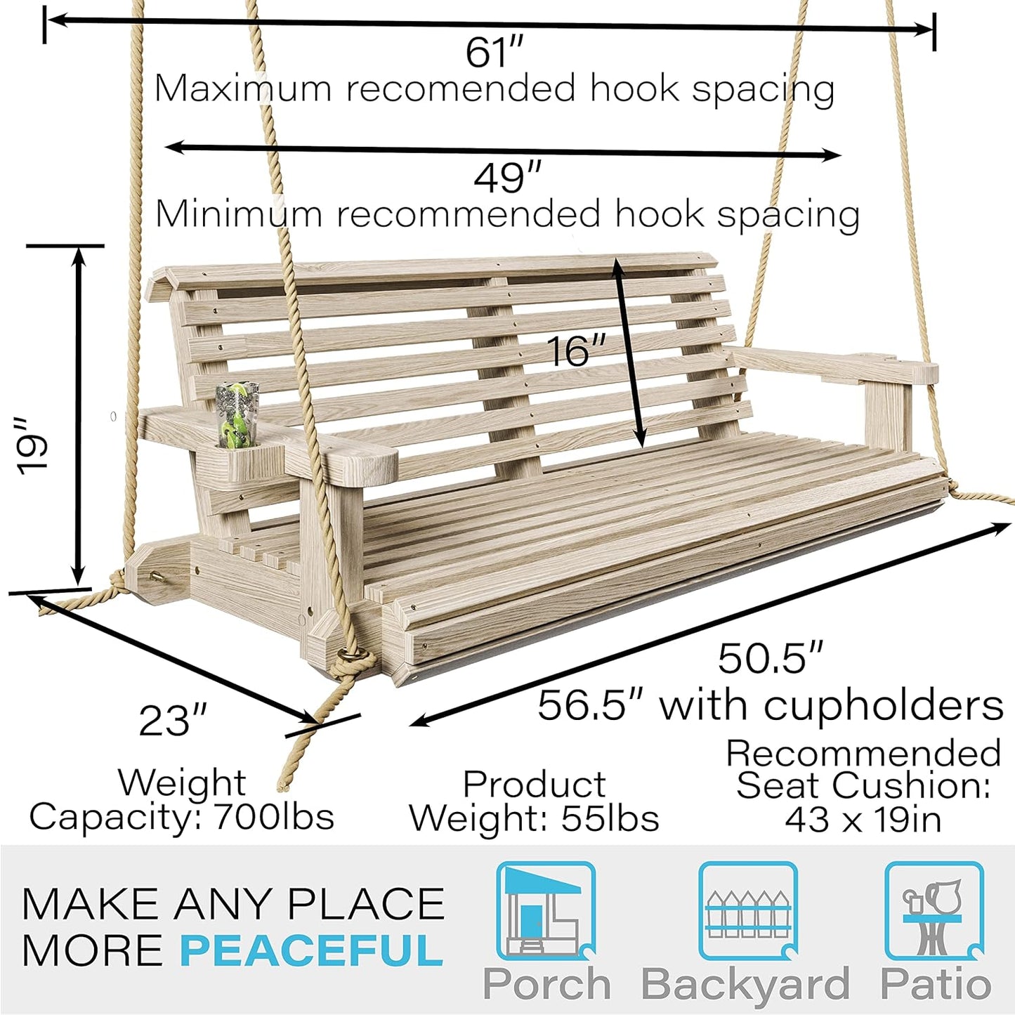 Porchgate Amish Heavy Duty 800 Lb Roll Comfort Treated Porch Swing W/Ropes (4 Foot, Unfinished)-VerdiqueGarden