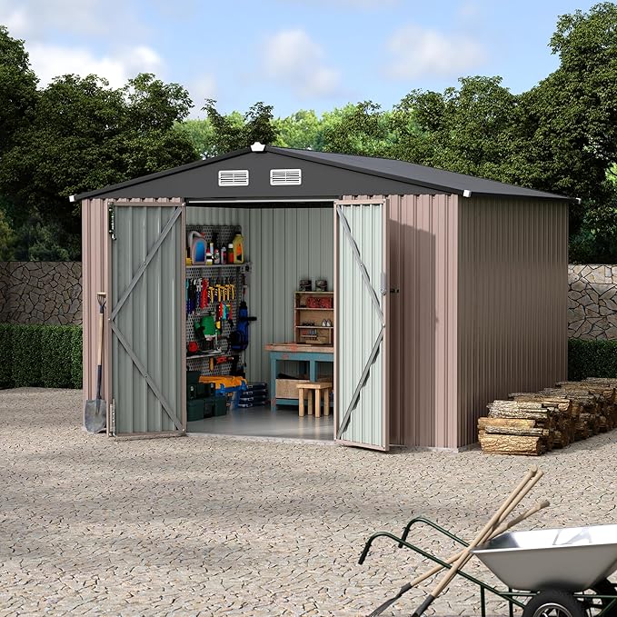 8x10 FT Metal Storage Sheds Outdoor with Floor, Metal Yard Sheds Garden Shed Kit, MetalTool Shed with Lockable Door, Metals UtilitySheds Buildings with Air Vent for Backyard Garden Patio Lawn-VerdiqueGarden