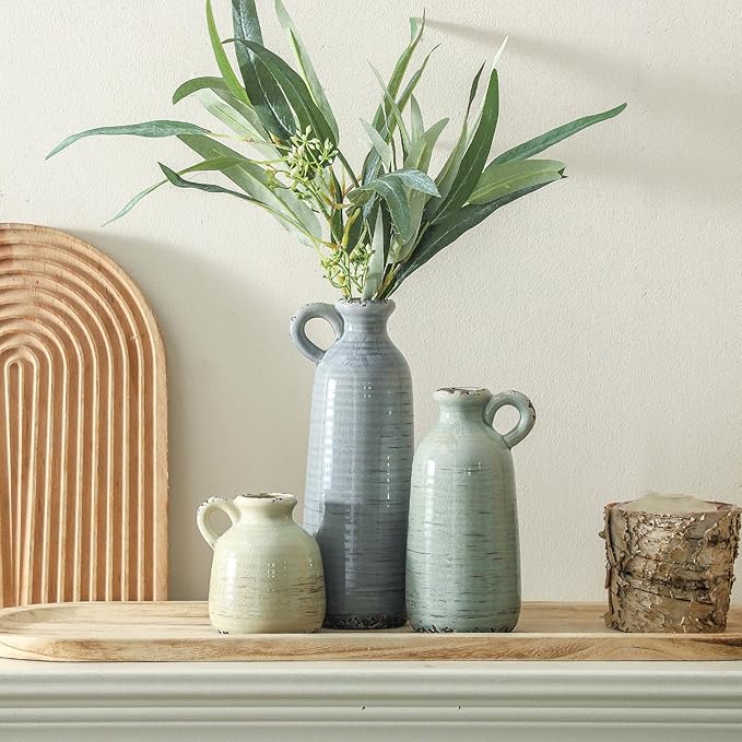 Ceramic Vase Set of 3 | Neutral Vase Home Decor with Handle | Pottery Modern Farmhouse Vases Pampas Grass Flower Vases for Home Decor Table Living Room Centerpieces Mantel Decor - Multicolor-VerdiqueGarden