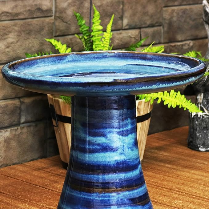 Sunnydaze 21" H Ceramic Bird Bath for Outside - Hand-Painted Outdoor Bird Bath Bowl, UV/Frost-Resistant Finish - Galaxy Blue - Ribbed Pedestal-VerdiqueGarden