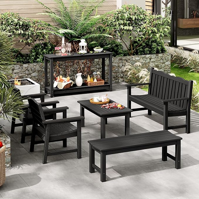 Outdoor Console Table, 48" Weather Resistant HIPS Patio Side Table, 440LBS Weight Capacity, 2-Tier Multifunctional Buffet Bar Storage Organizer for Garden Deck, Black-VerdiqueGarden