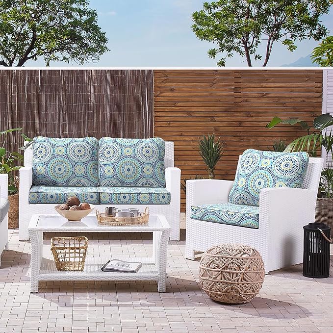LVTXIII Outdoor Deep Seat Cushion Patio Seat and Back Cushion Set Seasonal Chair Cushion with Removable Cover and Adjustable Buckle for Home and Garden, 24"x24"x4", Delancey Lagoon-VerdiqueGarden