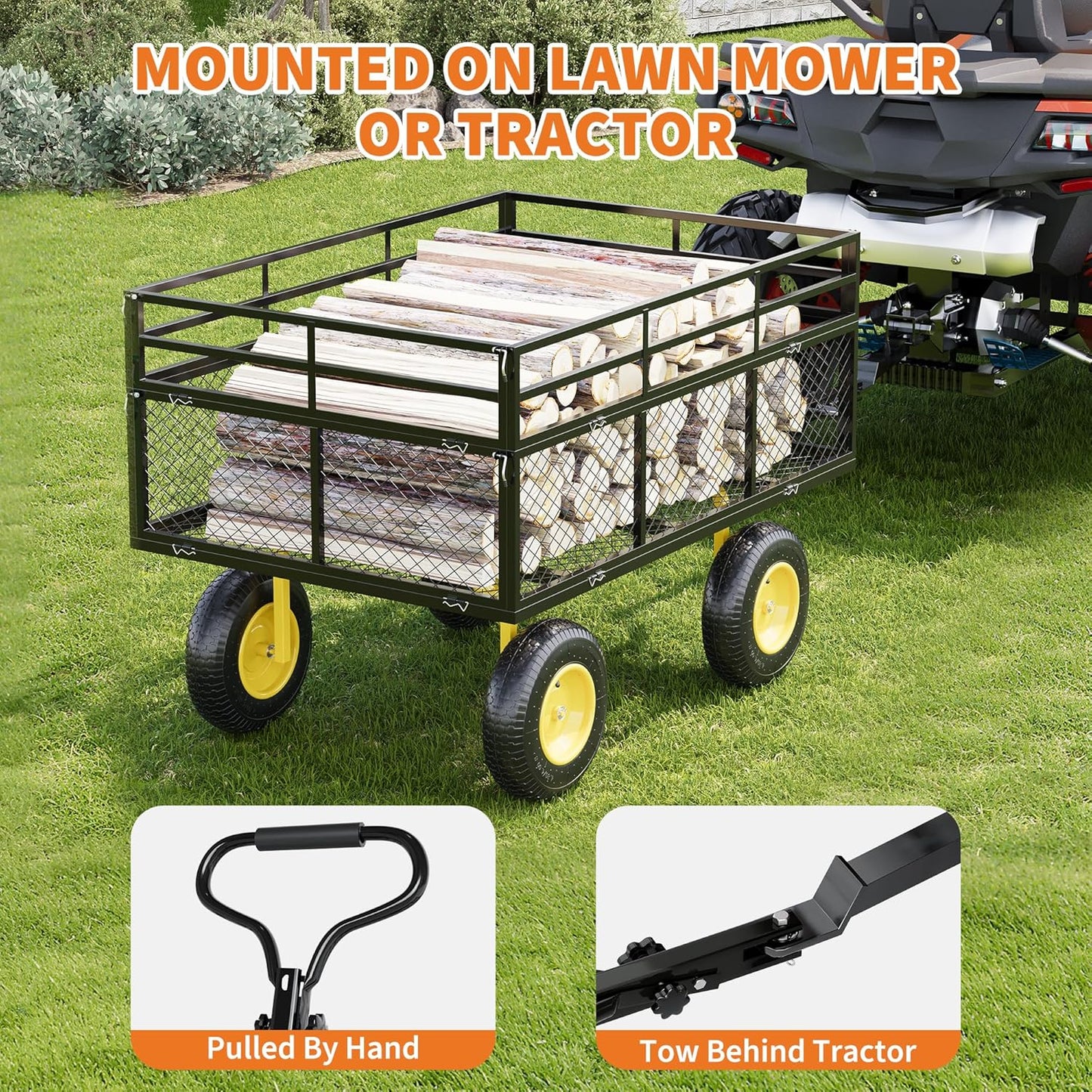 3-in-1 Heavy-Duty Steel Garden Cart, 1400 Lbs Garden Wagon, with 13 Inch All-Terrain Tires and Removable Mesh Side Panels, 180° Rotating Handle, Metal Utility Yard Trailer, Outdoor Gardens Wagon Cart-VerdiqueGarden