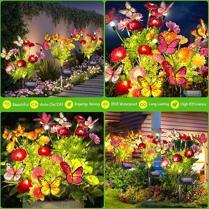 Solar Garden Lights, 3 Pack Swaying Solar Lights with 9 Butterflies & 21 Blooming Flowers, Solar Flowers Lights Outdoor Waterproof, Auto On/Off Solar Outdoor Lights for Yard Patio, Gift-VerdiqueGarden
