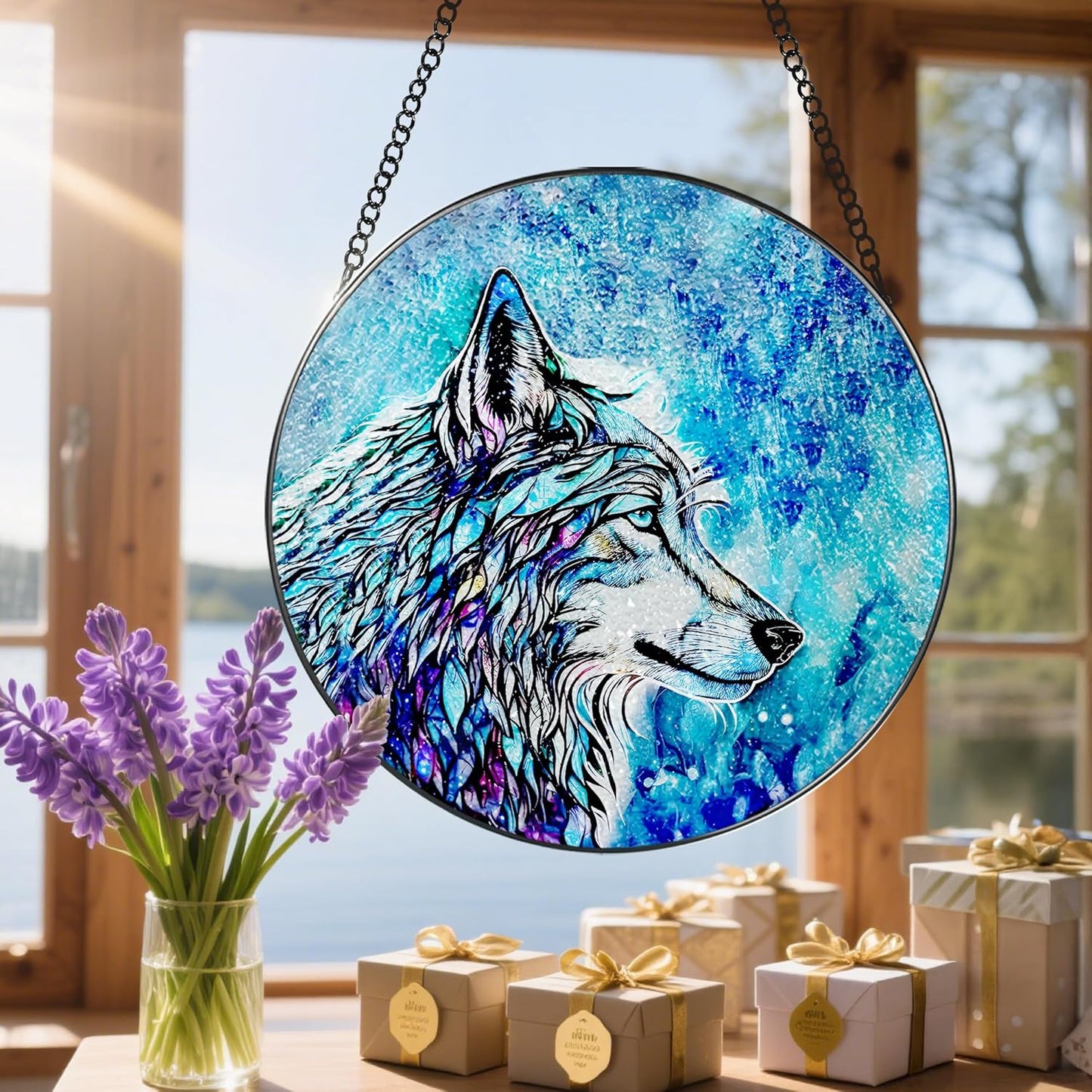 Stained Glass Window Hanging, Stained Glass Suncatcher, Wolf Sun Catcher, Window Hanging Decor, Wolf Lover Gift, Gifts for Fathers Day or Mathers Day, Christmas or Birthday Gift, Gifts for Women Men-VerdiqueGarden