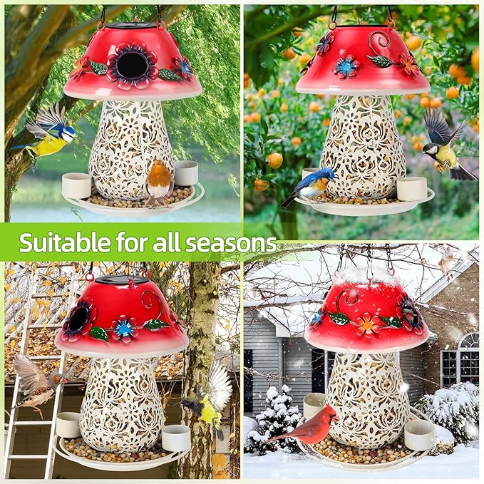Mushroom Solar Bird Feeders for Outdoors Hanging Metal Wild Bird Feeder Garden Lantern with S Hook for Garden Decoration red-VerdiqueGarden