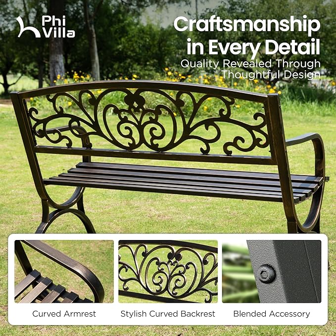 PHI VILLA 50Inch Cast Iron Steel Frame Garden Bench Patio Furniture Chair Outdoor Bench w/Floral Design Backrest, Slatted Seat for Park, Yard & Porch, Bronze-VerdiqueGarden