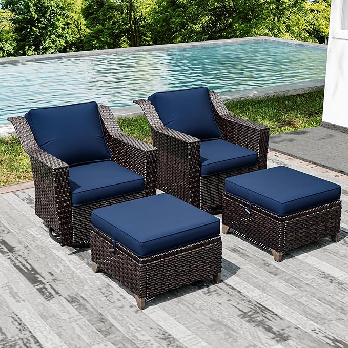 Joyside Wicker Patio Furniture Sets, 4 Pieces Upgraded Large Size Outdoor Furniture with Swivel Rocking Patio Chairs and Outdoor Ottoman, Thick Cushions, Wide Armrest-VerdiqueGarden